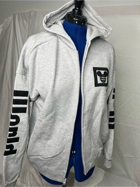 Disney Light Gray Zip Hoodie with Black Logo and Sleeve Accents